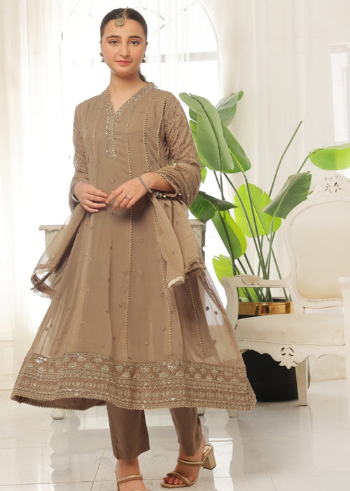 Mommy and Me by Abaan Zohan RTW Embroidered Chiffon 3 Piece Suit Kashish Kids Brown - Festive Collection