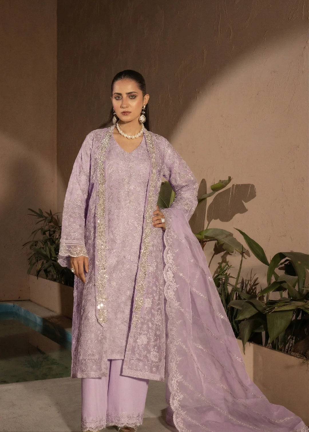 Banno by Manahils RTW Hand work Organza 3 Piece Suit 198-LILAC Festive Collection
