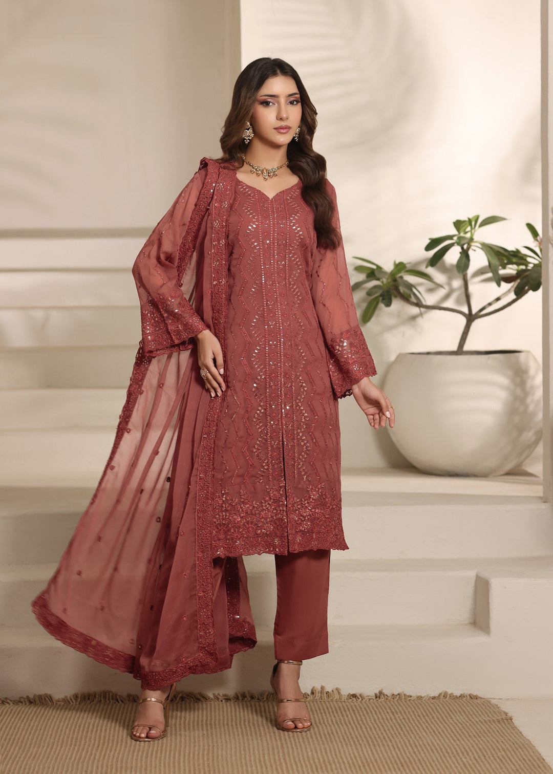 Abaan Zohan RTW Embroidered Chiffon 3 Piece Suit Gulnaar Peach Festive Collection