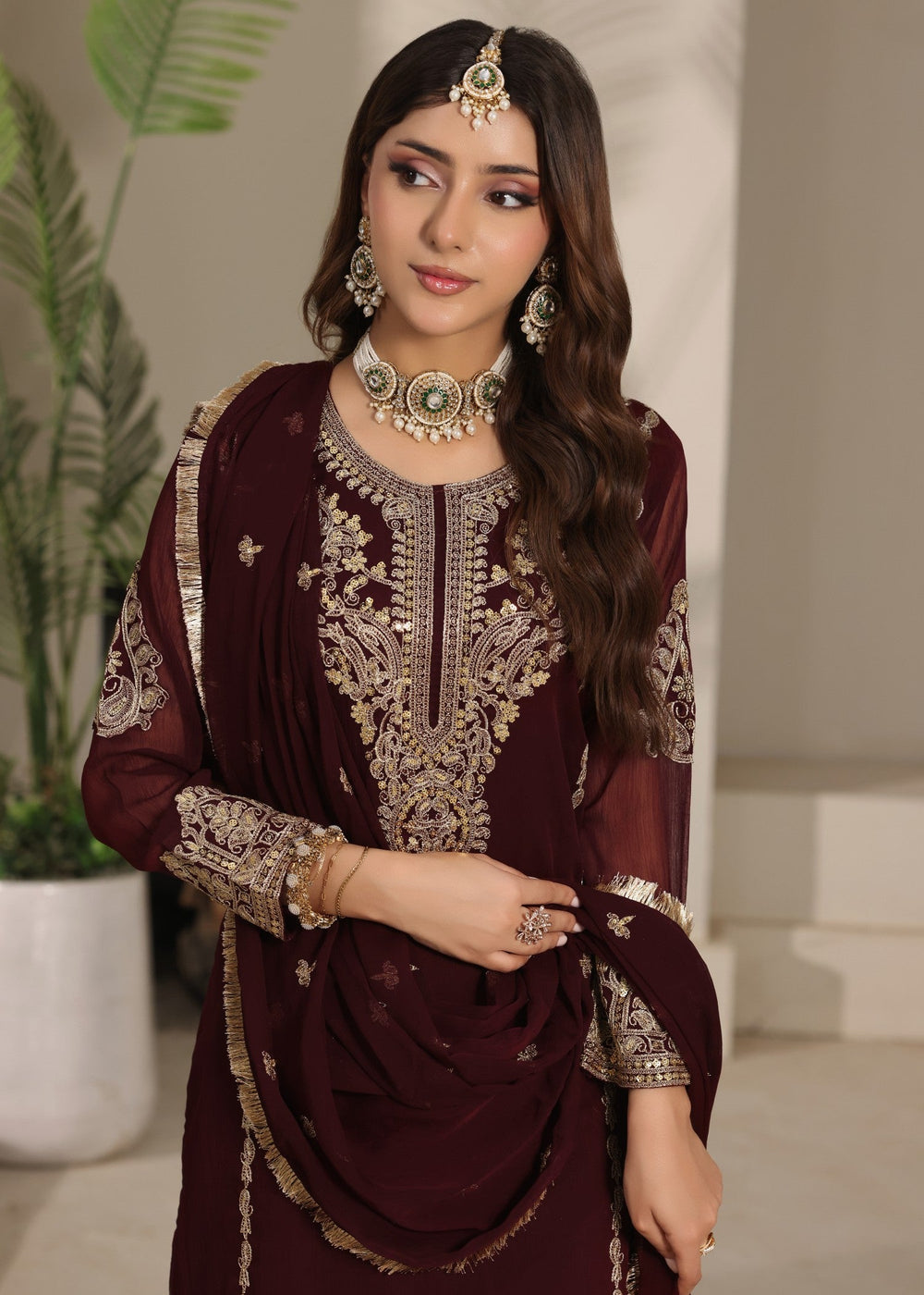 Abaan Zohan RTW Embroidered Chiffon 3 Piece Suit Andaz Maroon Festive Collection