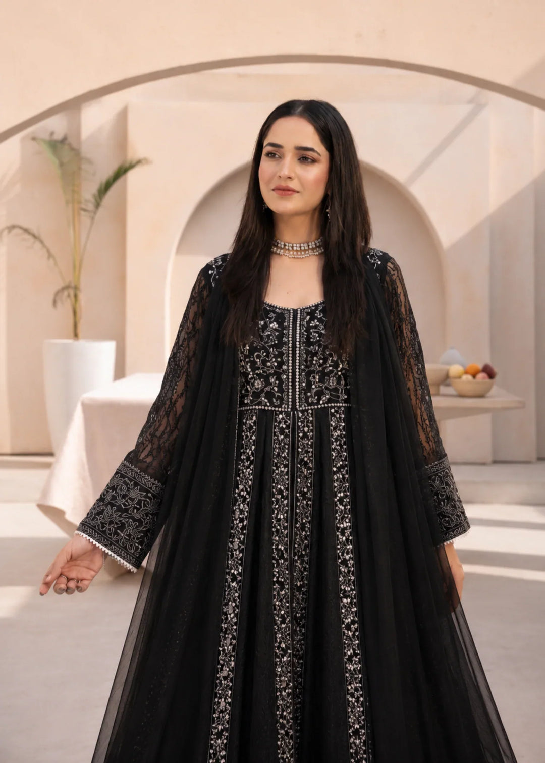 Banno by Manahils RTW Hand work Organza 3 Piece Suit L-025-BLACK Festive Collection