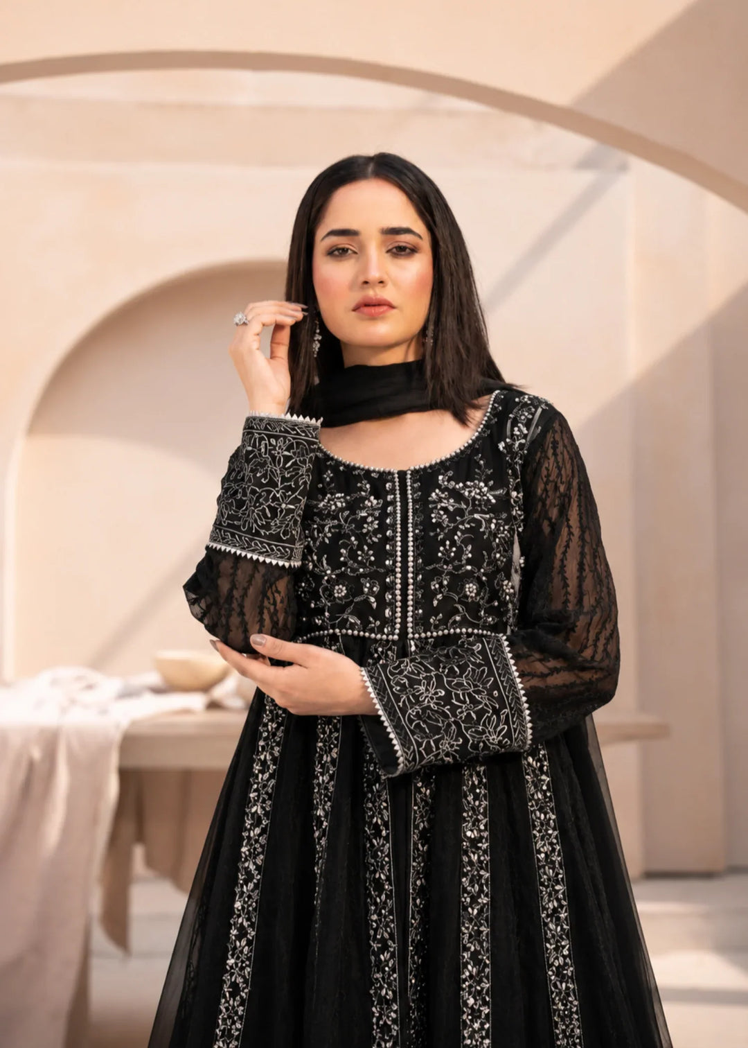 Banno by Manahils RTW Hand work Organza 3 Piece Suit L-025-BLACK Festive Collection