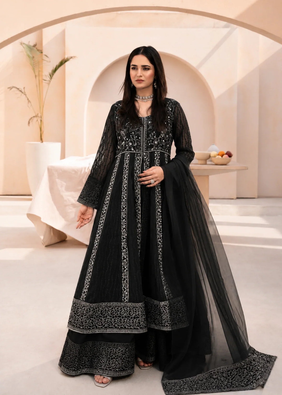 Banno by Manahils RTW Hand work Organza 3 Piece Suit L-025-BLACK Festive Collection