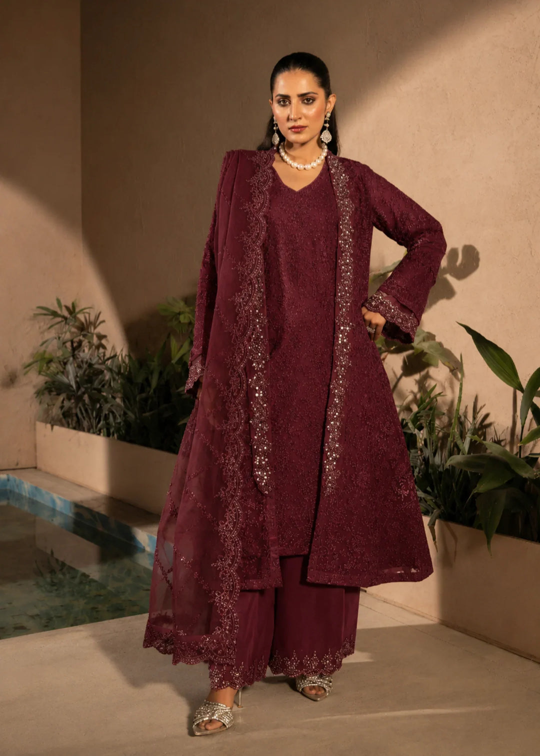 Banno by Manahils RTW Hand work Organza 3 Piece Suit 198-MAROON Festive Collection