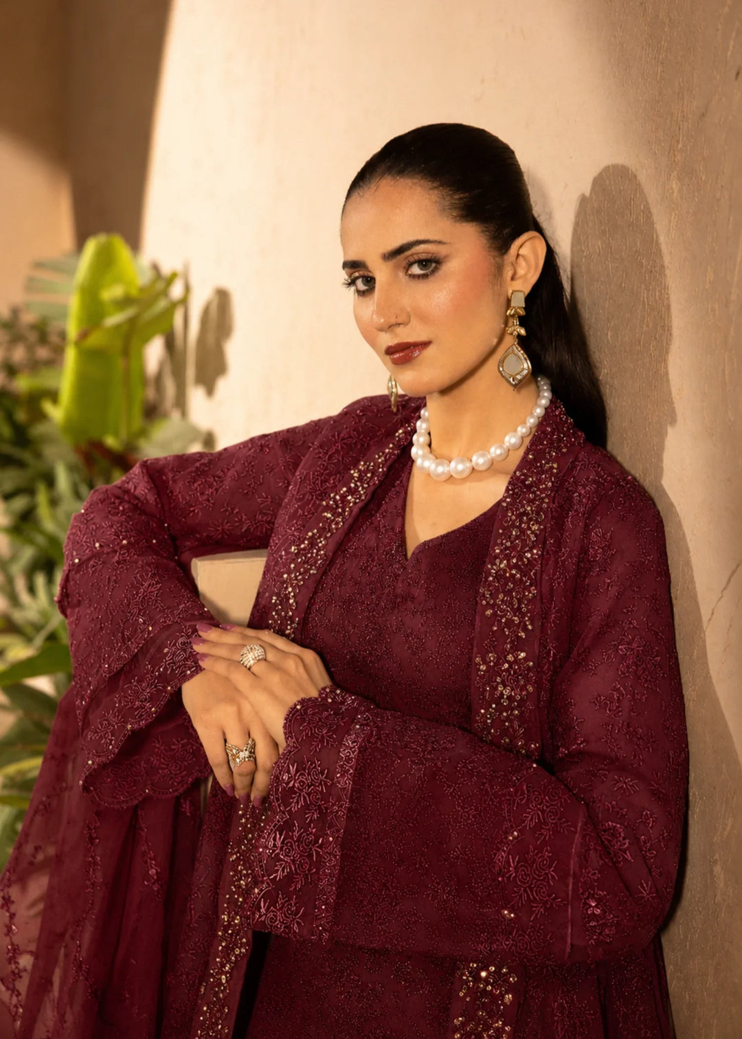 Banno by Manahils RTW Hand work Organza 3 Piece Suit 198-MAROON Festive Collection