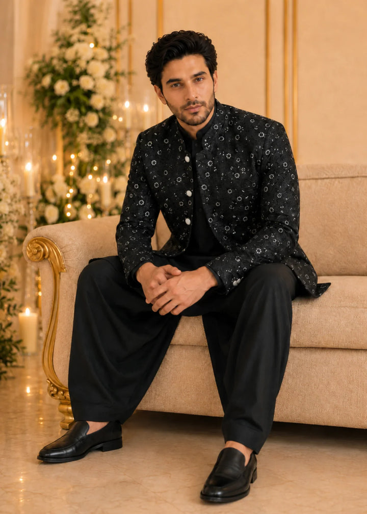 TGM Mens RTW Chikankari Chikankari 3 Piece Suit Noir Majesty Festive Collection