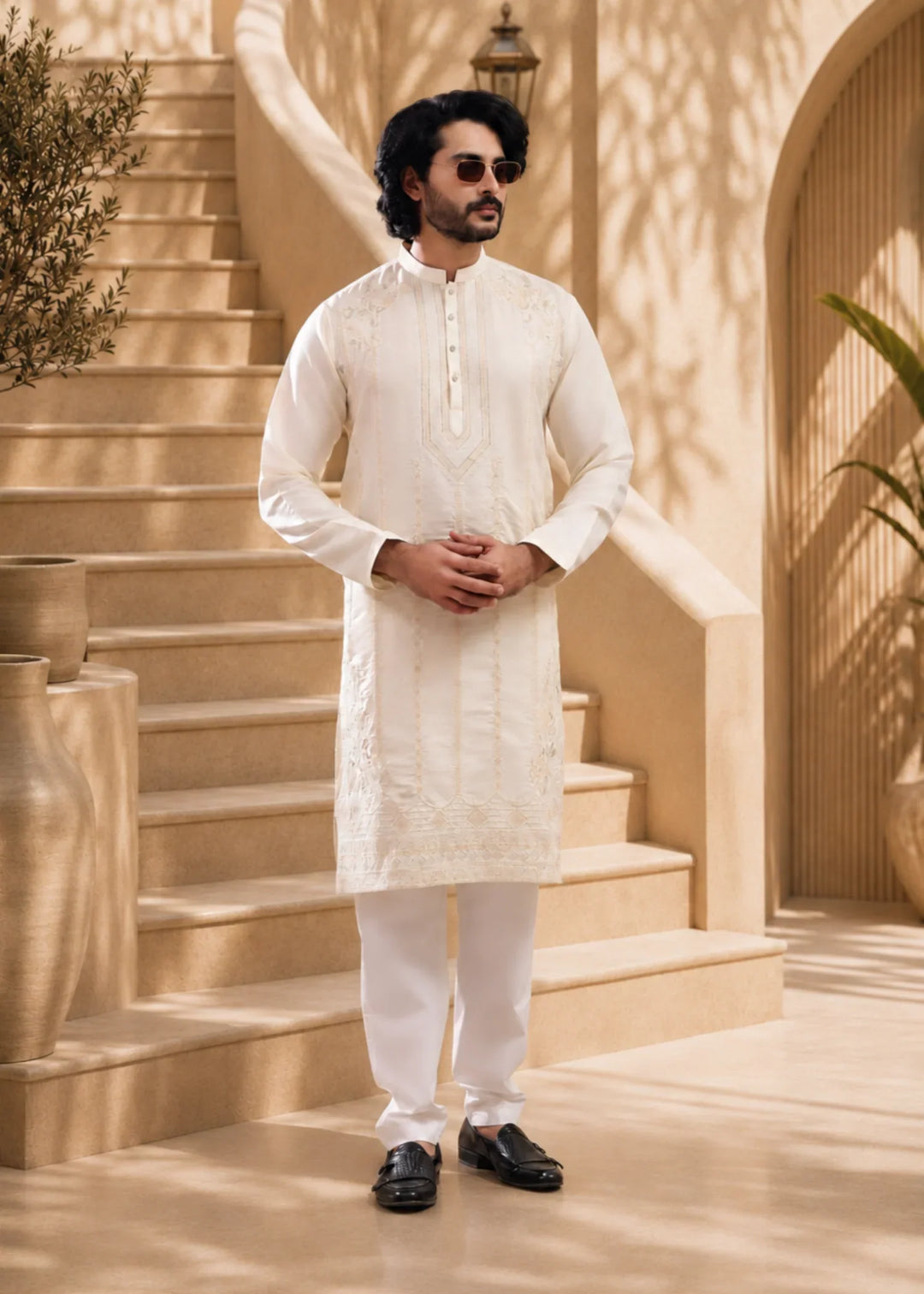 TGM Mens RTW Chikankari Chikankari Kurta Pajama Suit White Opal Festive Collection
