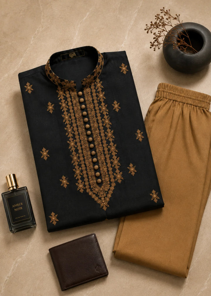 TGM Mens RTW Chikankari Chikankari Kurta Pajama Suit Aeron Black Festive Collection