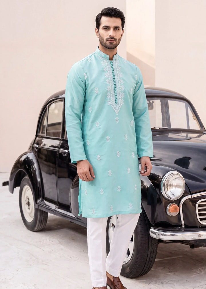 TGM Mens RTW Chikankari Chikankari Kurta Pajama Suit Aeron Aqua Festive Collection