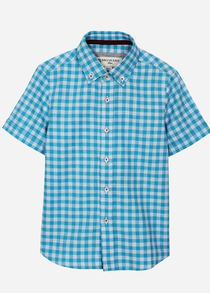Brumano Cotton Casual Shirts for Boys -  Aqua Blue Half Sleeve Gingham Shirt  - junior
