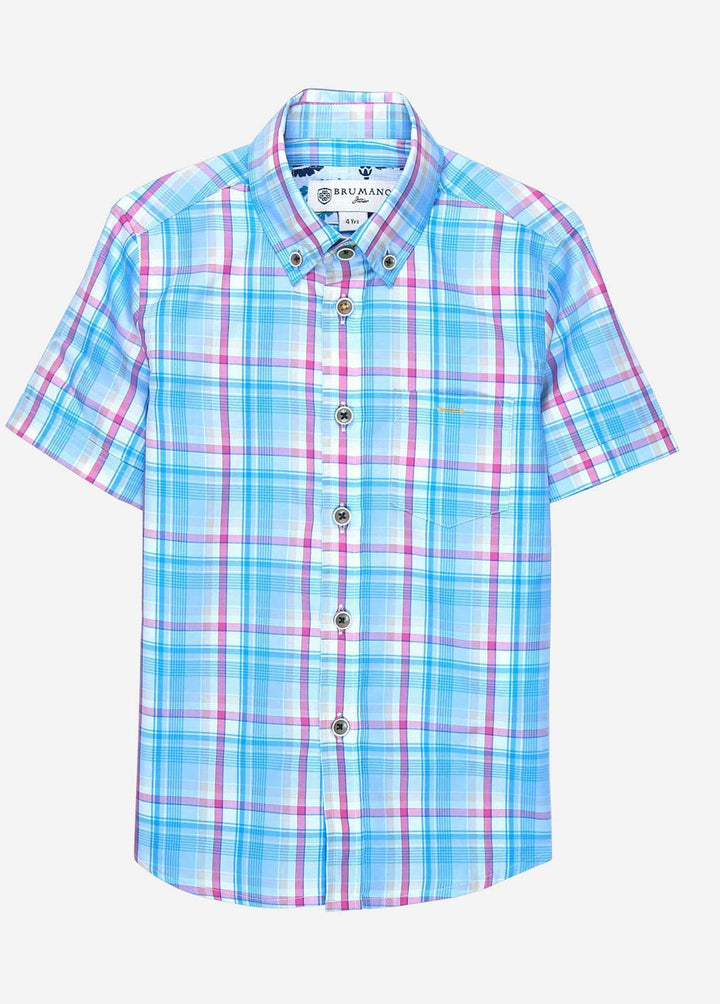Brumano Cotton Casual Shirts for Boys -  Aqua Blue & Pink Short Sleeves Casual Shirt