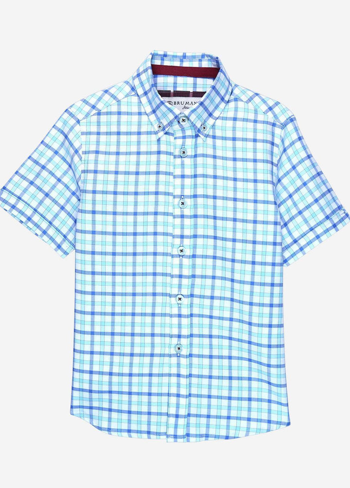 Brumano Cotton Casual Shirts for Boys -  Turquoise Blue Gingham Checkered Short Sleeves Casual Shirt