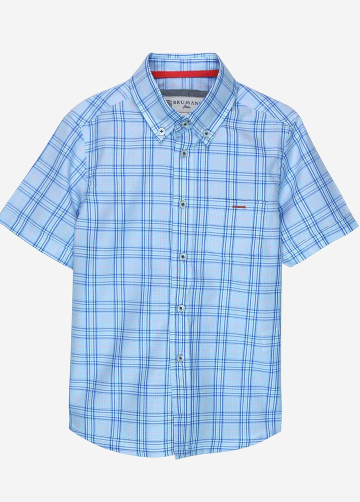 Brumano Cotton Casual Shirts for Boys -   Blue Casual Check Shirt With Red Detailing - Junior