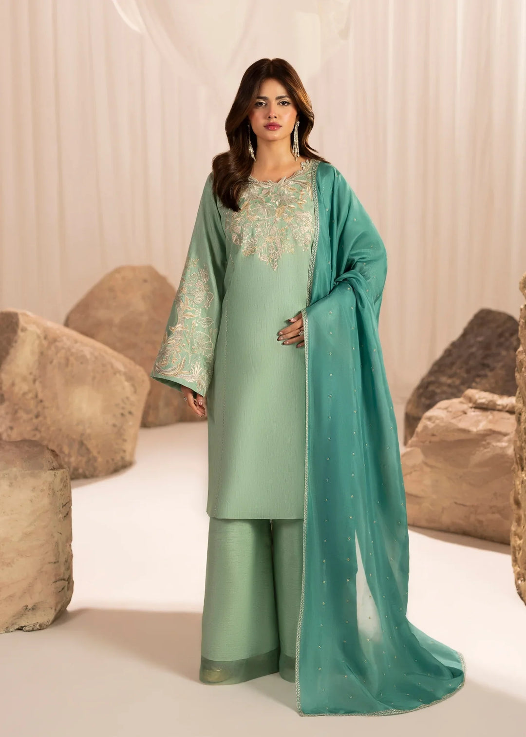Silk Atelier by Jamni RTW Embroidered Korean Silk 3 Piece Suit SEAFORM SUGAR Festive Collection