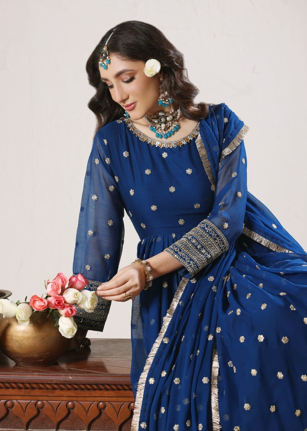 Unss Apparel Women Pret Embroidered Chiffon 3 piece suit Mayal Peacock - Festive Collection