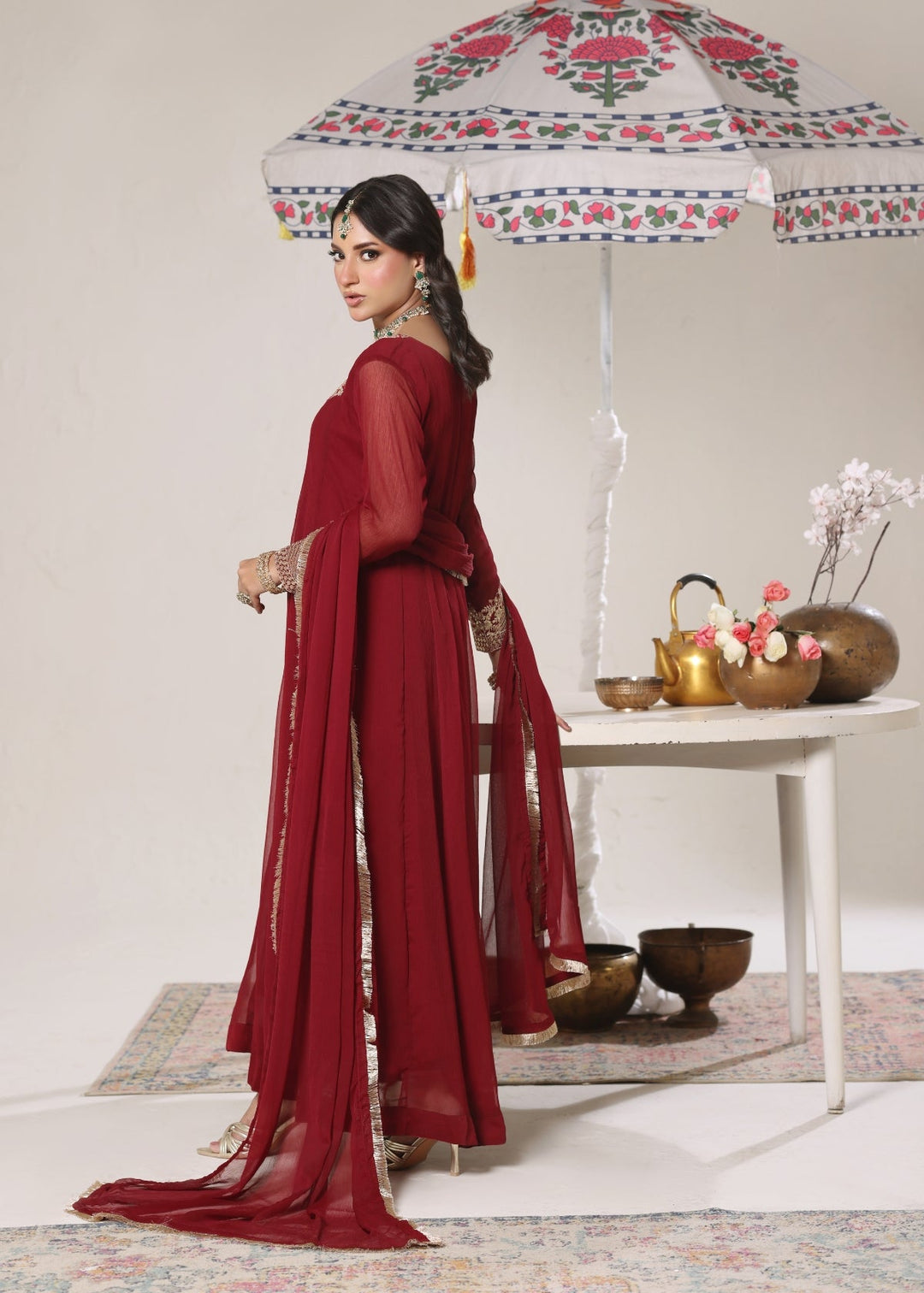 Unss Apparel Women Pret Embroidered Chiffon 3 piece suit Nureh Wine Red - Festive Collection