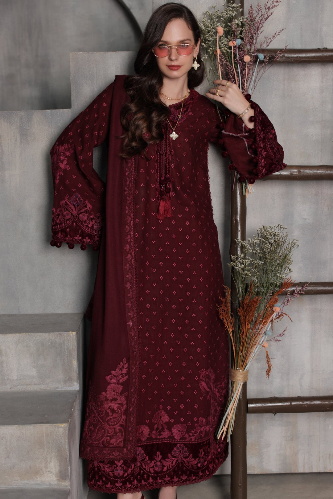 Noor Pashmina Shawl by Saadia Asad Unstitched Embroidered Khaddar 3 Piece Suit SA26UNW D2 - Winter Collection