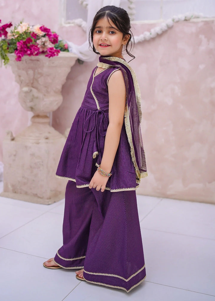 Modest Girls RTW Embroidered Cotton 3 Piece Suit Purple Sharara Festive Collection