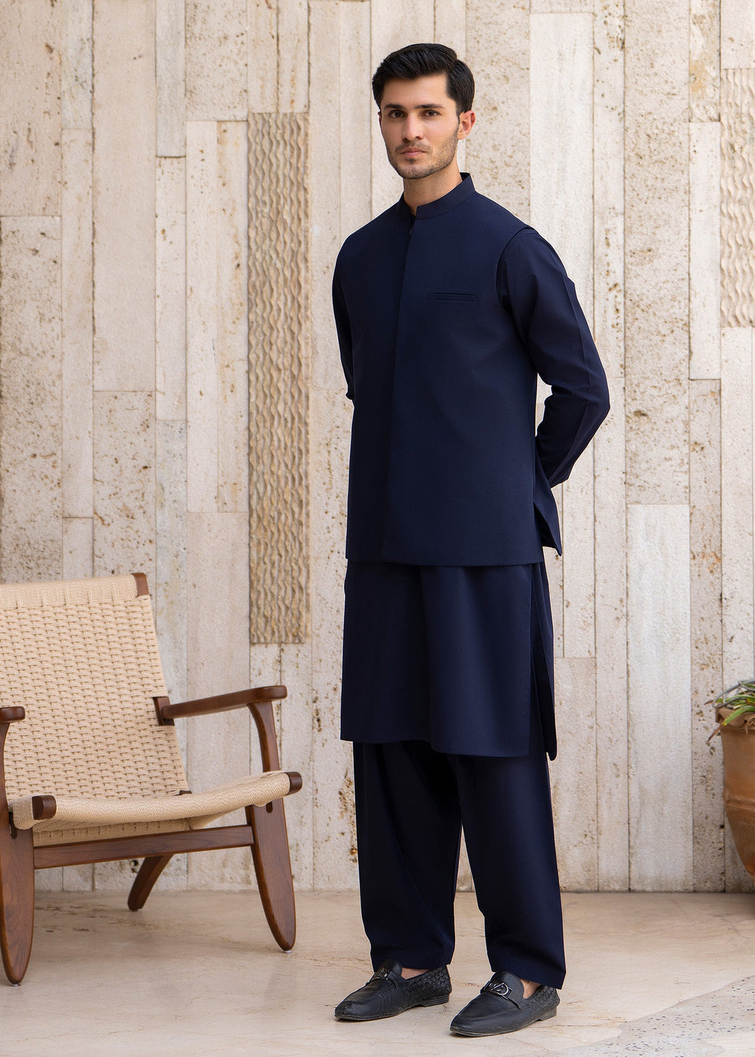 Buraq Men RTW Solids Blended Cotton 3 Piece Suit Navy Blue Winter Collection