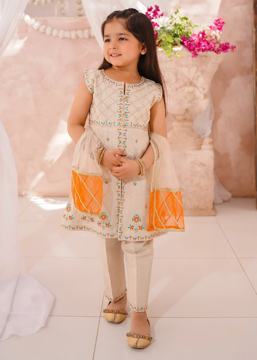 Modest Girls RTW Embroidered Cotton 3 Piece Suit White Festive Collection