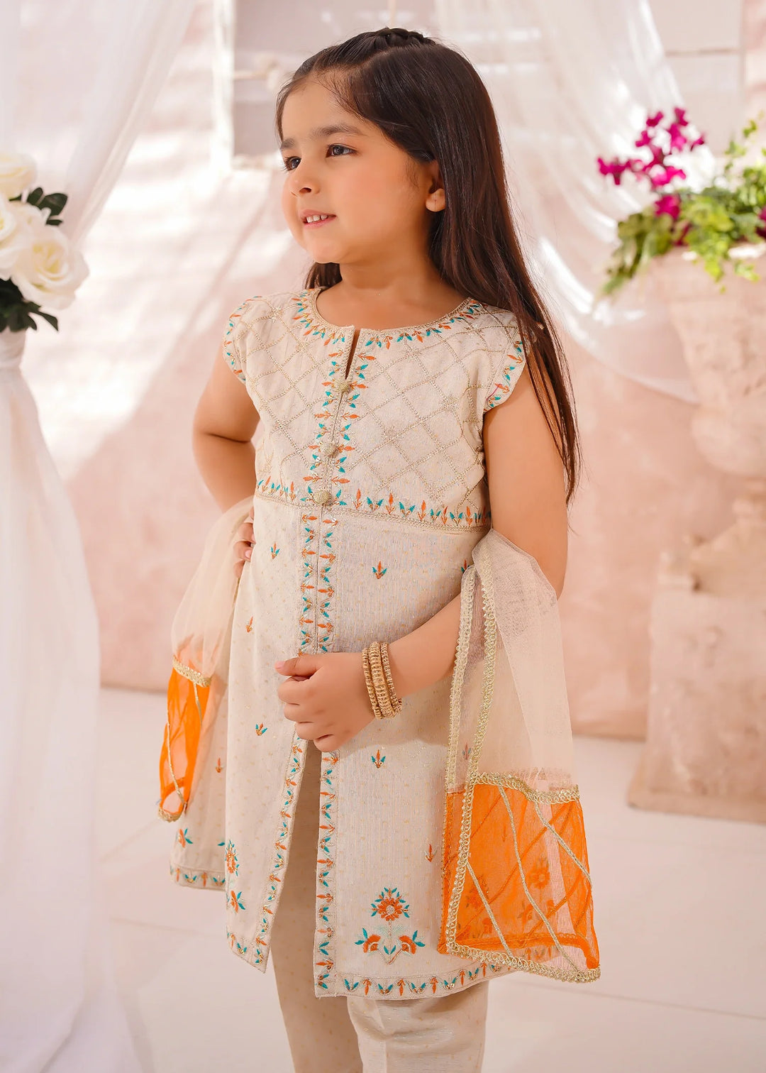Modest Girls RTW Embroidered Cotton 3 Piece Suit White Festive Collection