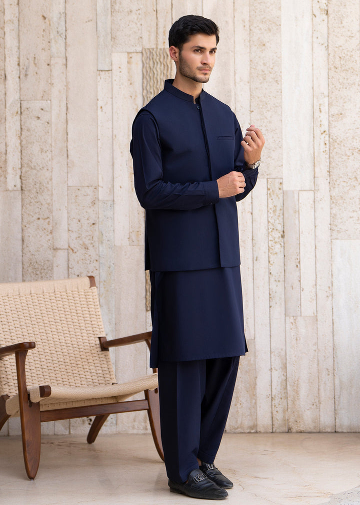 Buraq Men RTW Solids Blended Cotton 3 Piece Suit Navy Blue Winter Collection