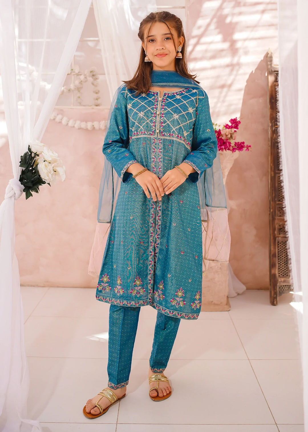 Modest Girls RTW Embroidered Cotton 3 Piece Suit Blue Festive Collection