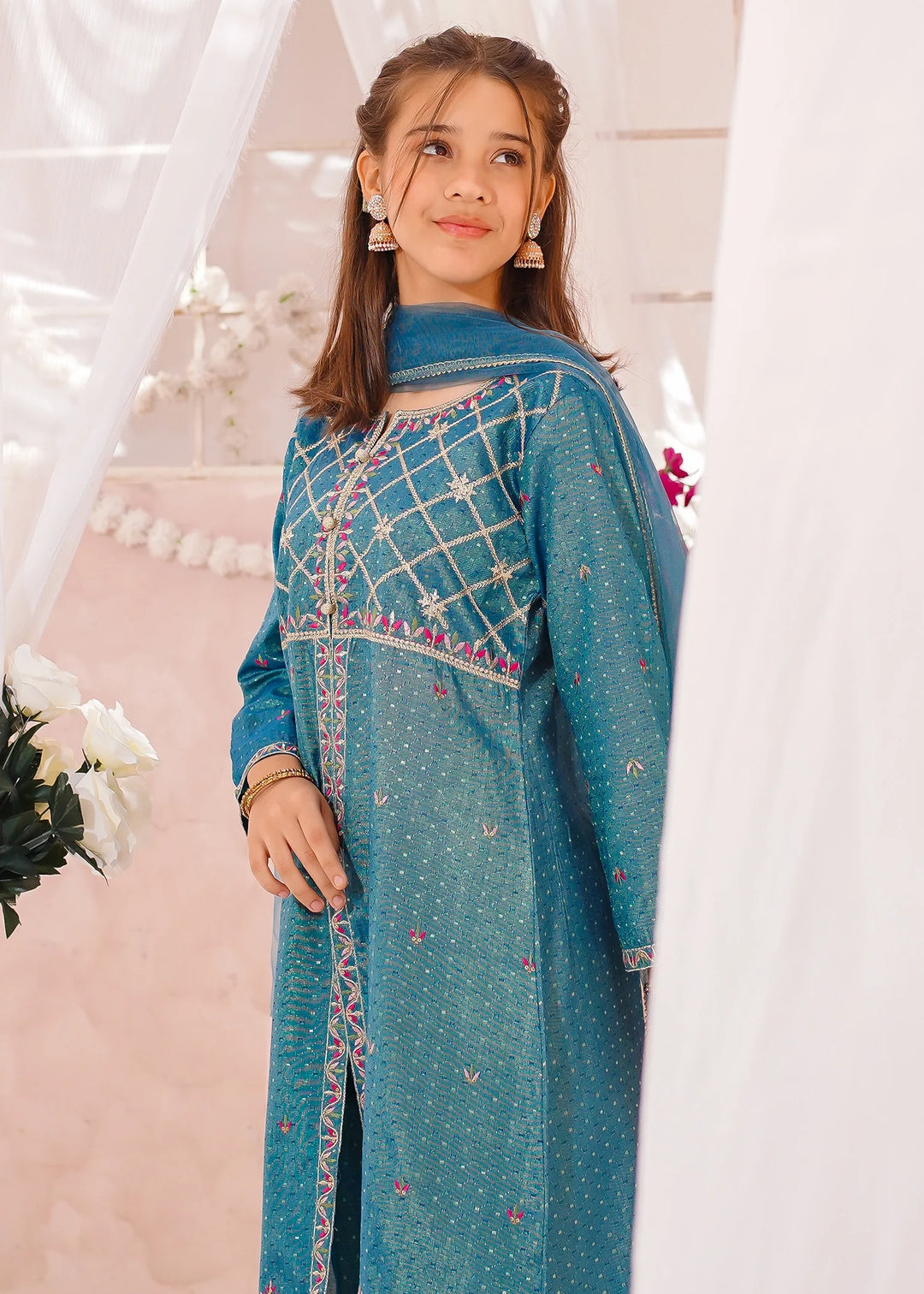 Modest Girls RTW Embroidered Cotton 3 Piece Suit Blue Festive Collection