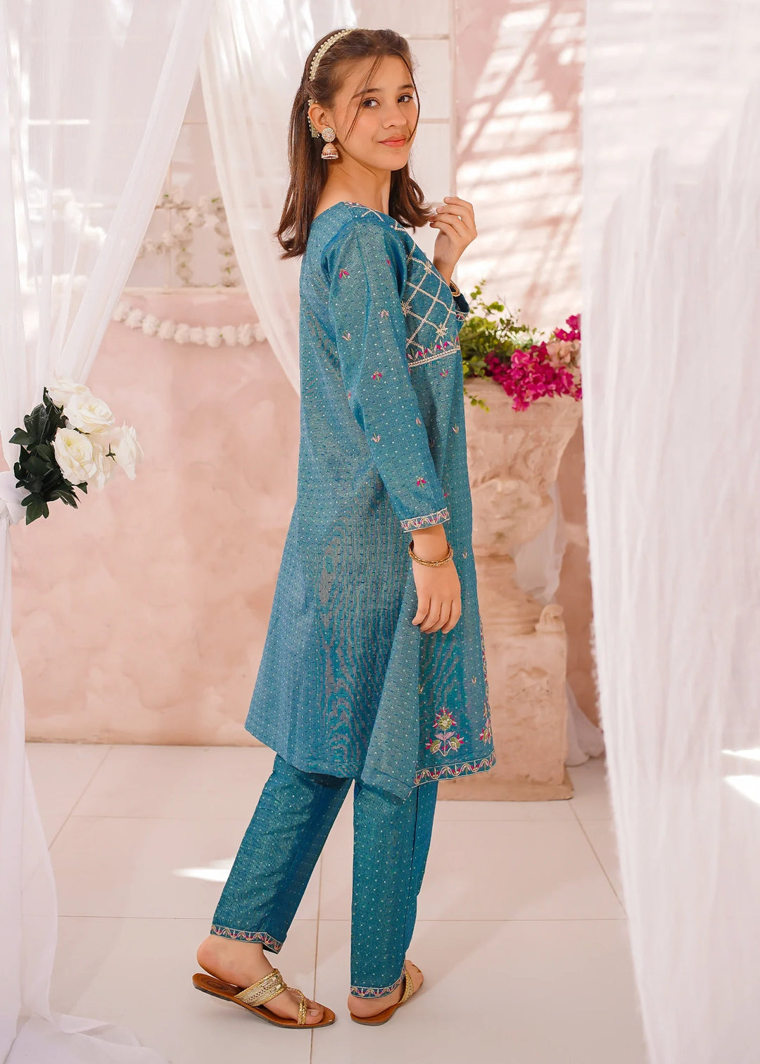 Modest Girls RTW Embroidered Cotton 3 Piece Suit Blue Festive Collection