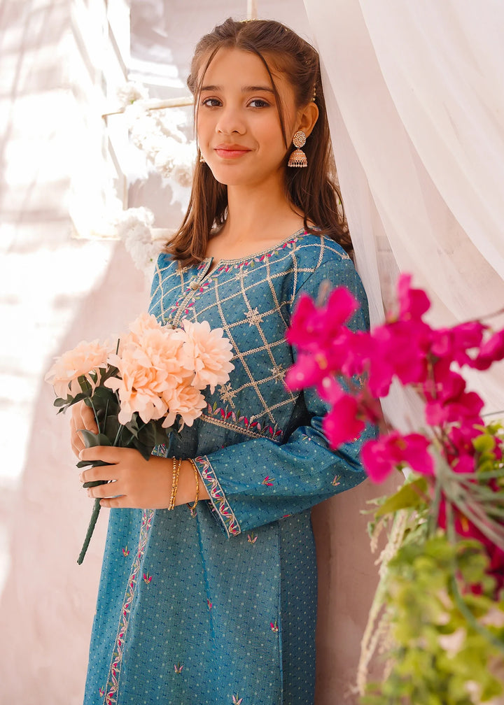 Modest Girls RTW Embroidered Cotton 3 Piece Suit Blue Festive Collection