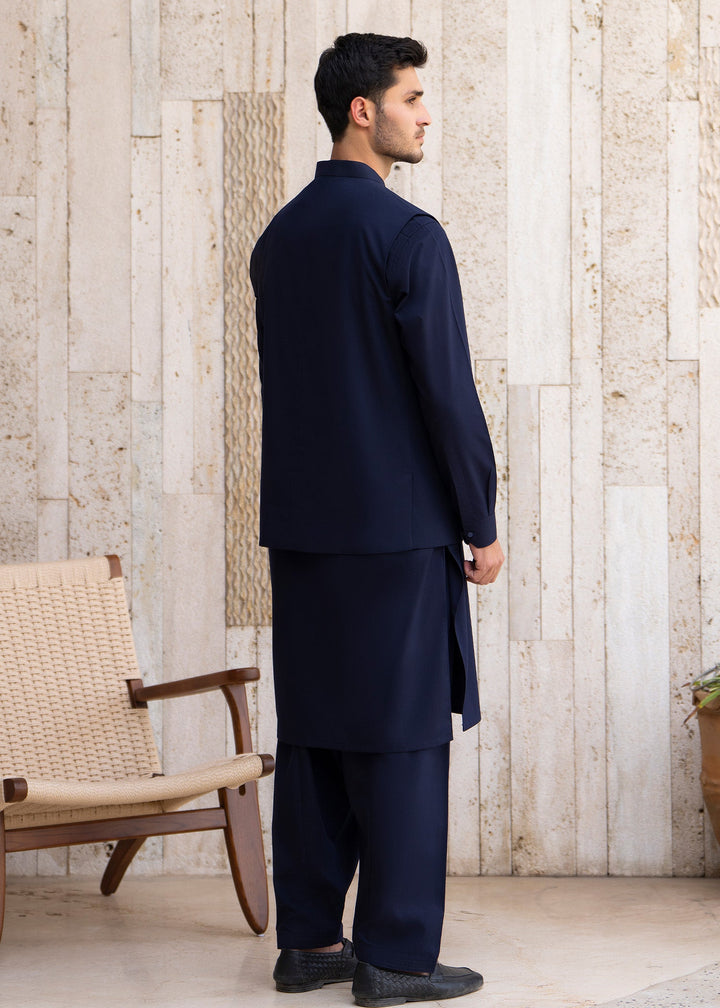 Buraq Men RTW Solids Blended Cotton 3 Piece Suit Navy Blue Winter Collection
