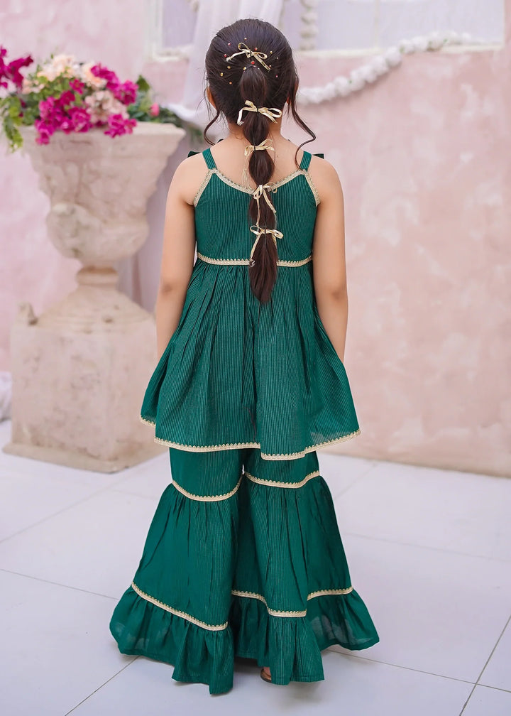 Modest Girls RTW Embroidered Cotton 3 Piece Suit Green Gharara Festive Collection