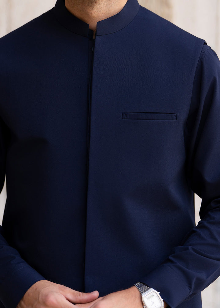 Buraq Men RTW Solids Blended Cotton 3 Piece Suit Navy Blue Winter Collection