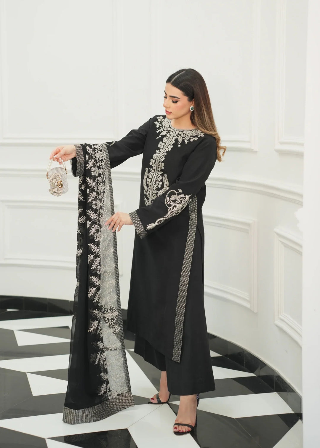 Silk Atelier by Jamni RTW Embroidered Korean Silk 3 Piece Suit MIDNIGHT BOW Festive Collection
