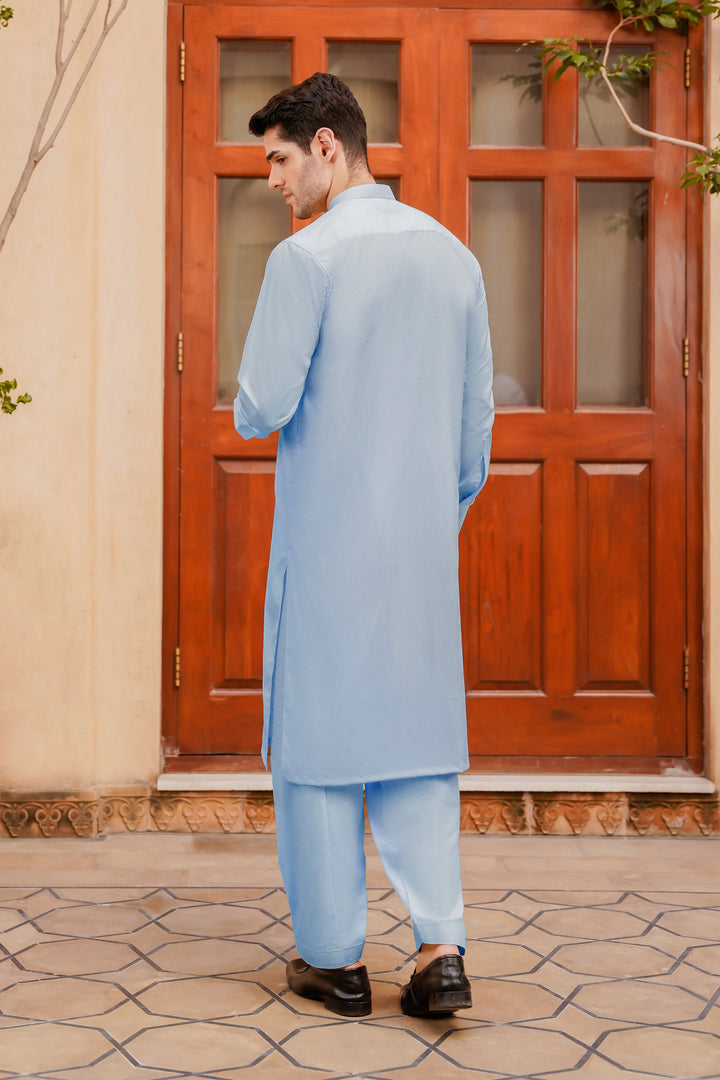 Misaal by Divinely Crafted Solids Shalwar Kameez For Men Sky Blue Blended SK400-0725-SB - Summer Collection