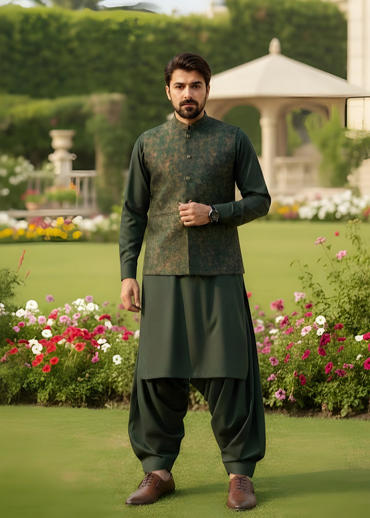 TGM Men RTW Textured Blended 3 Piece Suit Basil Green Festive Collection