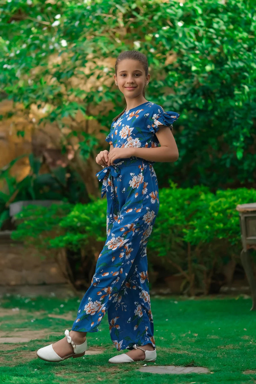 Dhaga Kids Pret Printed Linen 1 Piece Blue White Floral Ruffle Jumpsuit DHKJP01 - Summer Collection