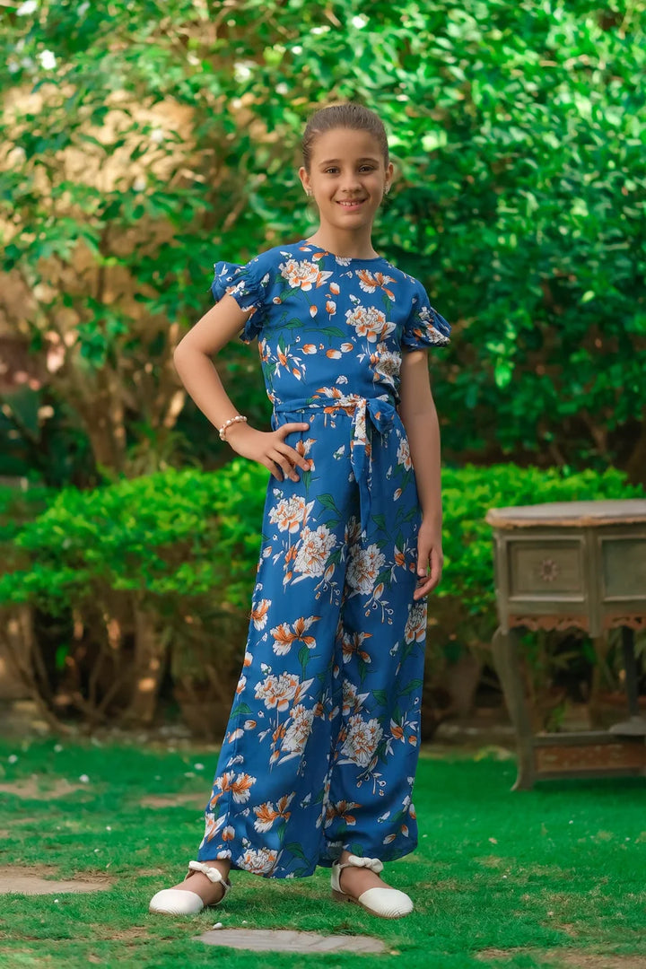 Dhaga Kids Pret Printed Linen 1 Piece Blue White Floral Ruffle Jumpsuit DHKJP01 - Summer Collection
