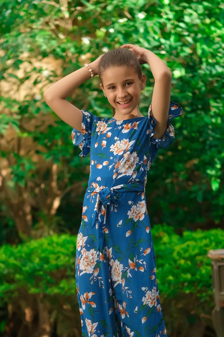 Dhaga Kids Pret Printed Linen 1 Piece Blue White Floral Ruffle Jumpsuit DHKJP01 - Summer Collection