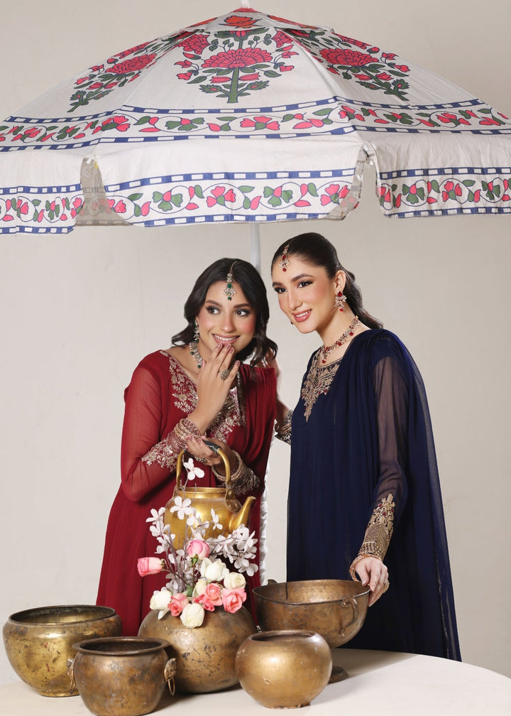 Unss Apparel Women Pret Embroidered Chiffon 3 piece suit Nureh Wine Red - Festive Collection