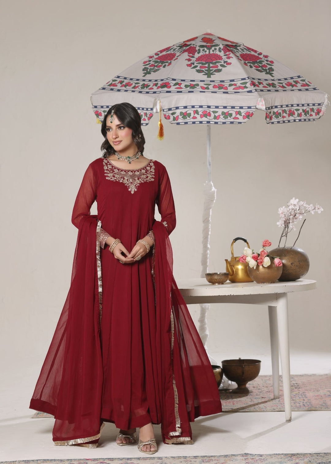 Unss Apparel Women Pret Embroidered Chiffon 3 piece suit Nureh Wine Red - Festive Collection