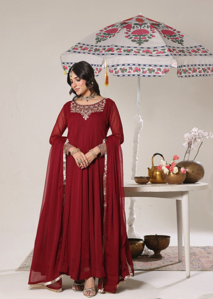 Unss Apparel Women Pret Embroidered Chiffon 3 piece suit Nureh Wine Red - Festive Collection