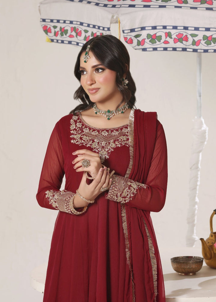Unss Apparel Women Pret Embroidered Chiffon 3 piece suit Nureh Wine Red - Festive Collection
