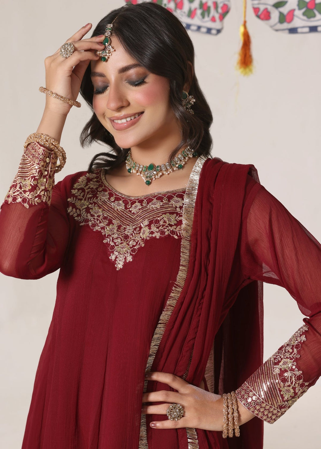 Unss Apparel Women Pret Embroidered Chiffon 3 piece suit Nureh Wine Red - Festive Collection