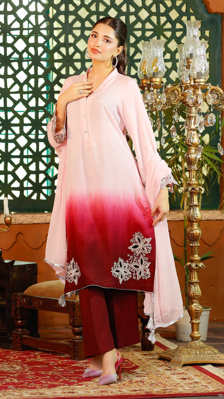 Jashn e Eid by Reezas Women Embroidered Lawn Silk 3 Piece Rang-e-baharan pink ombre - Summer Collection