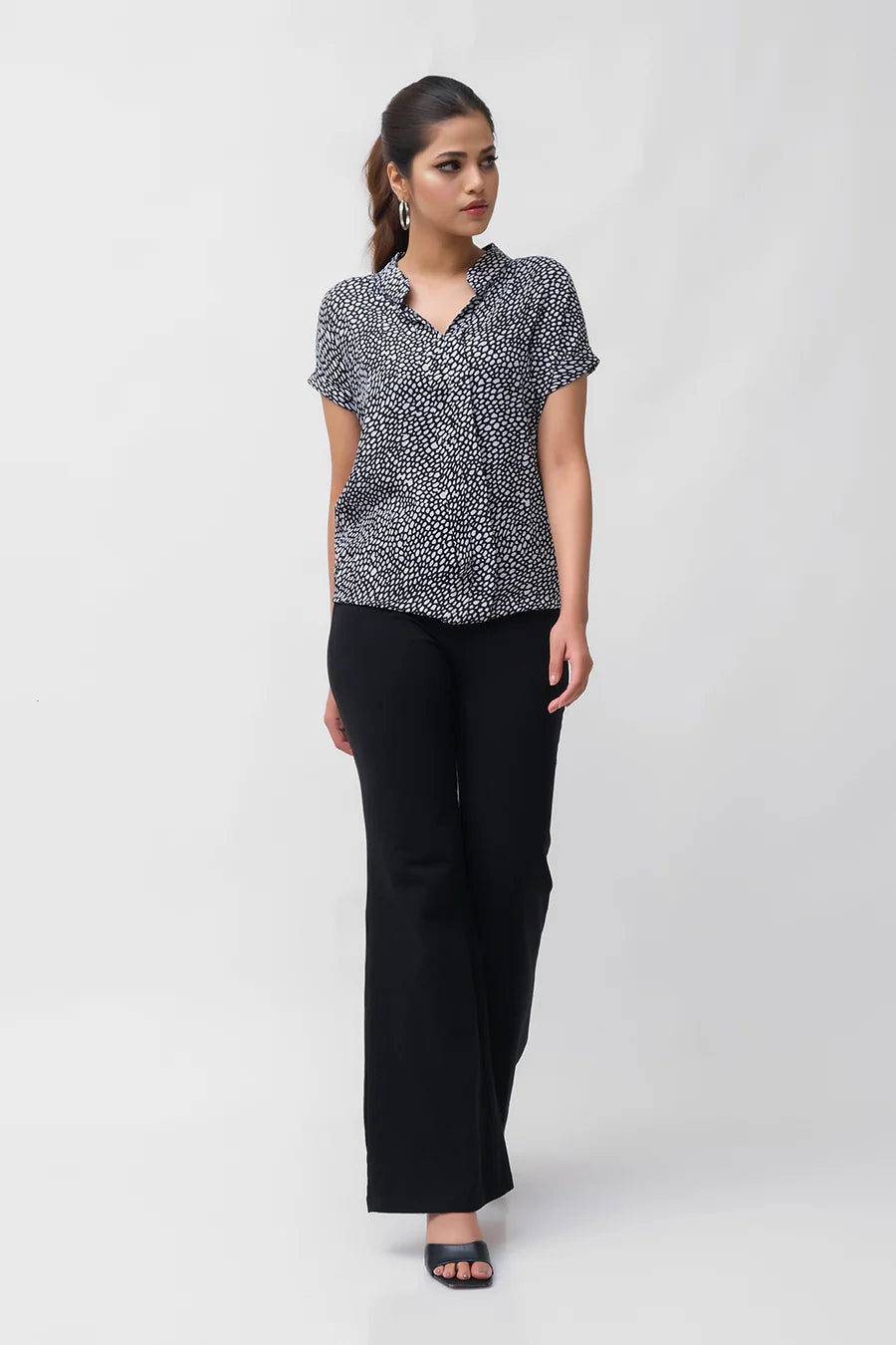 Dhaga Women Western Solids T- Shirt jersy White Polka Notched Neck Bishop Sleeve Blouse DS100020 - Summer Collection