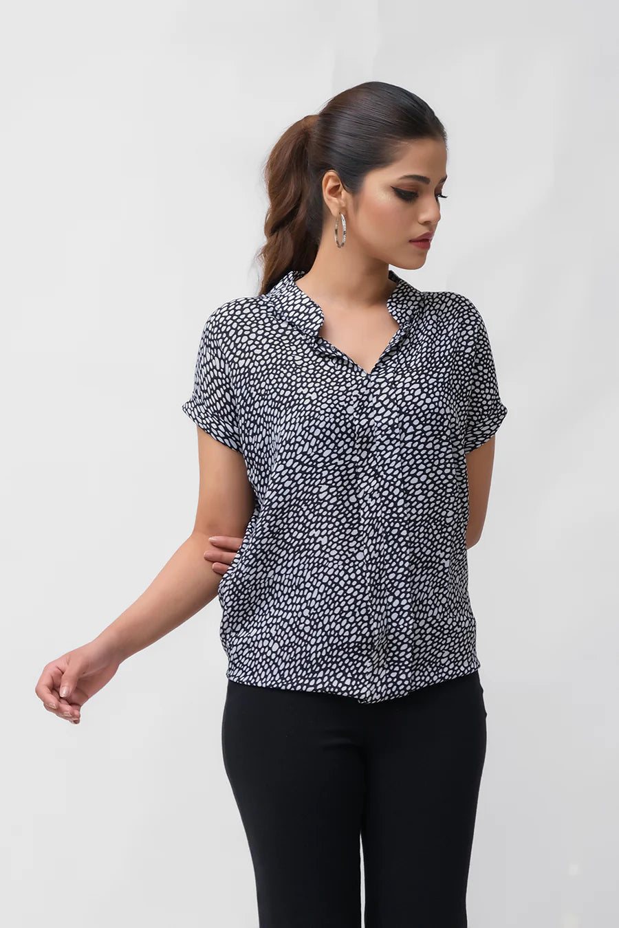 Dhaga Women Western Solids T- Shirt jersy White Polka Notched Neck Bishop Sleeve Blouse DS100020 - Summer Collection