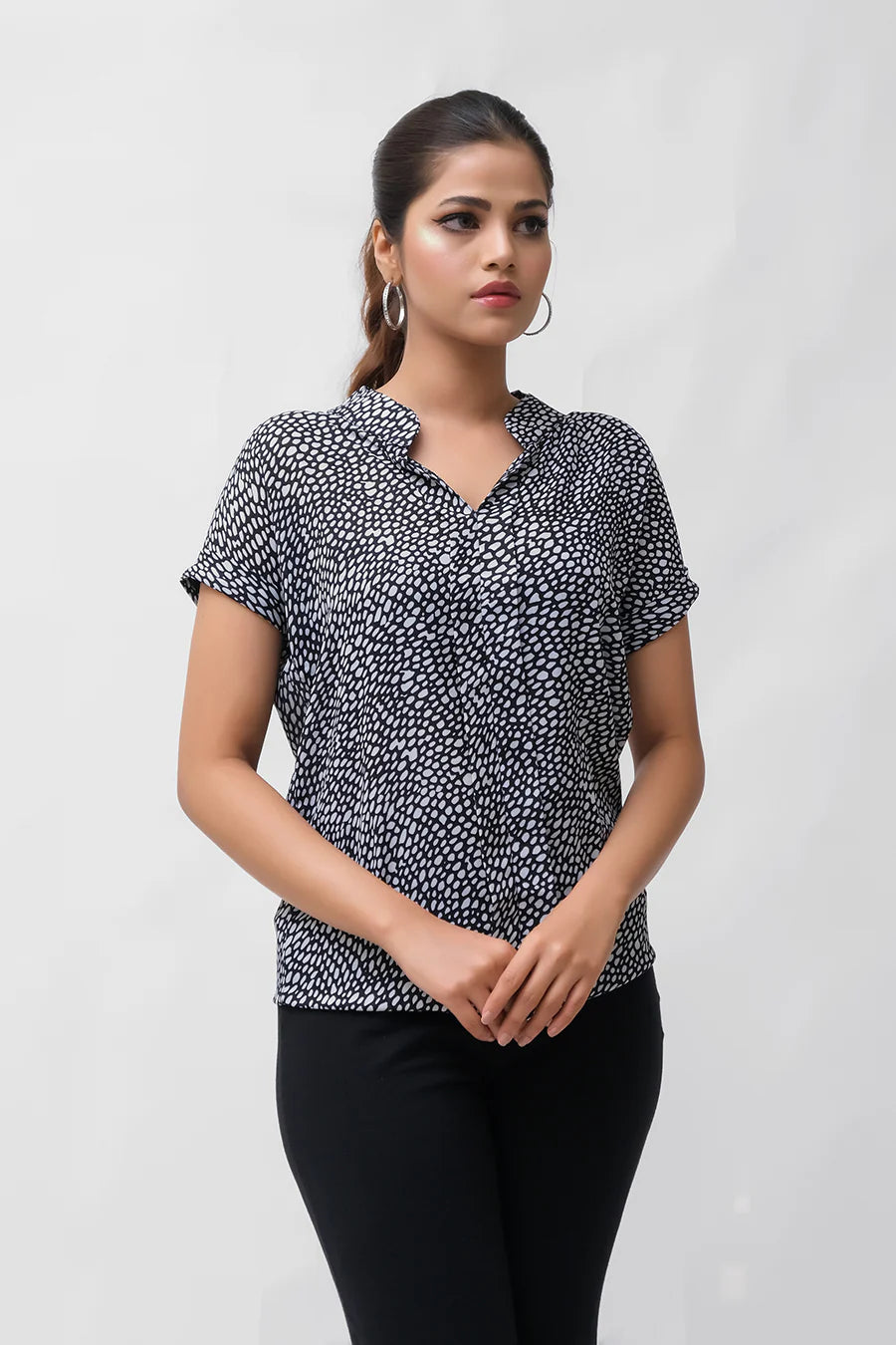 Dhaga Women Western Solids T- Shirt jersy White Polka Notched Neck Bishop Sleeve Blouse DS100020 - Summer Collection