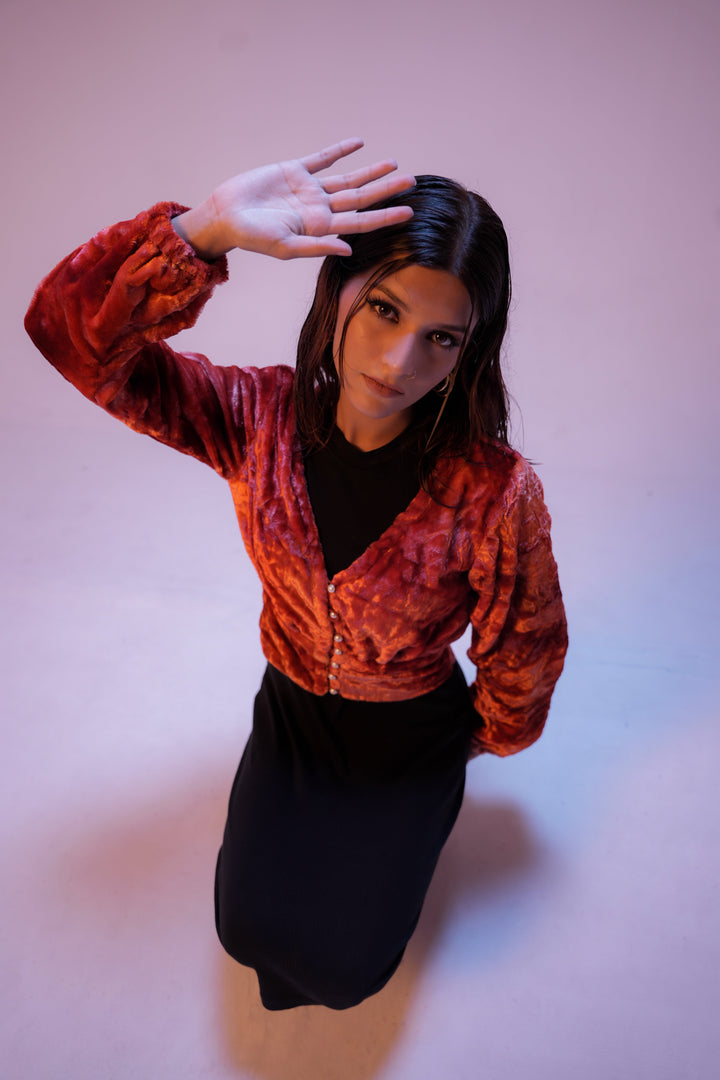 Mehr by Syah Women RTW Solids Velvet 1 Piece Suit Plunge Neck Crop Top Festive Collection