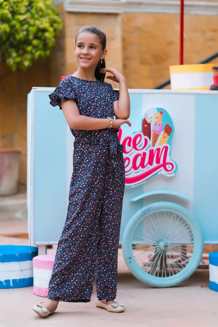 Dhaga Kids Pret Solids Linen 1 Piece Grey Pink Floral Ruffle Jumpsuit DHKJP01 - Summer Collection